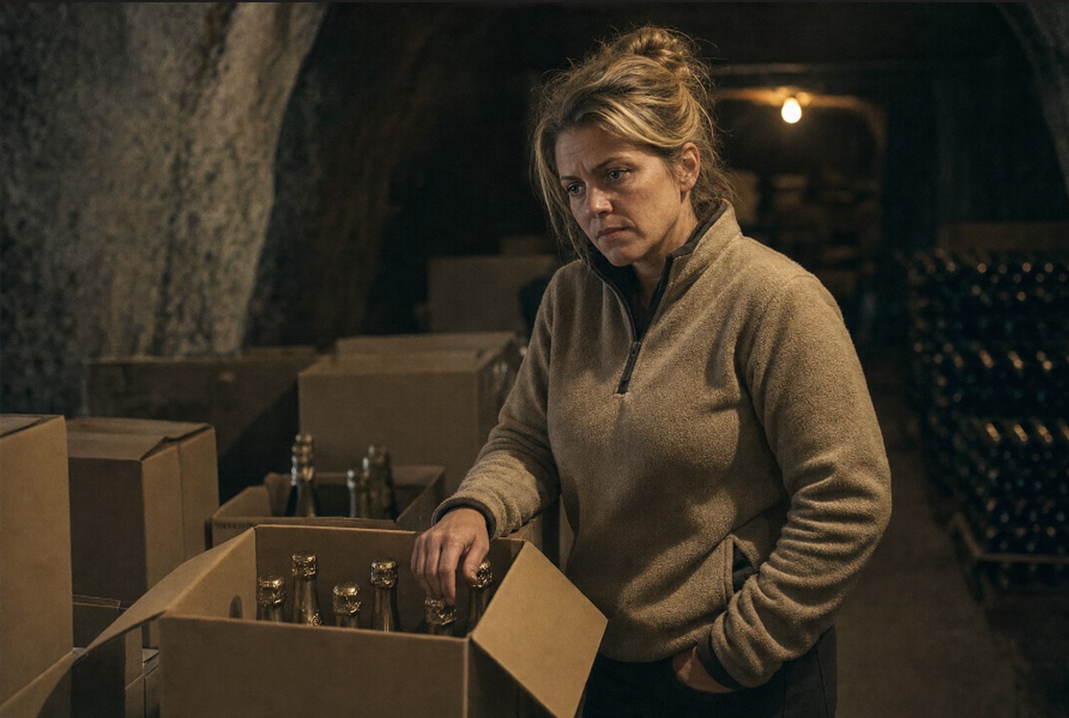 Cases of wine sample bottles being shipped abroad from a French estate