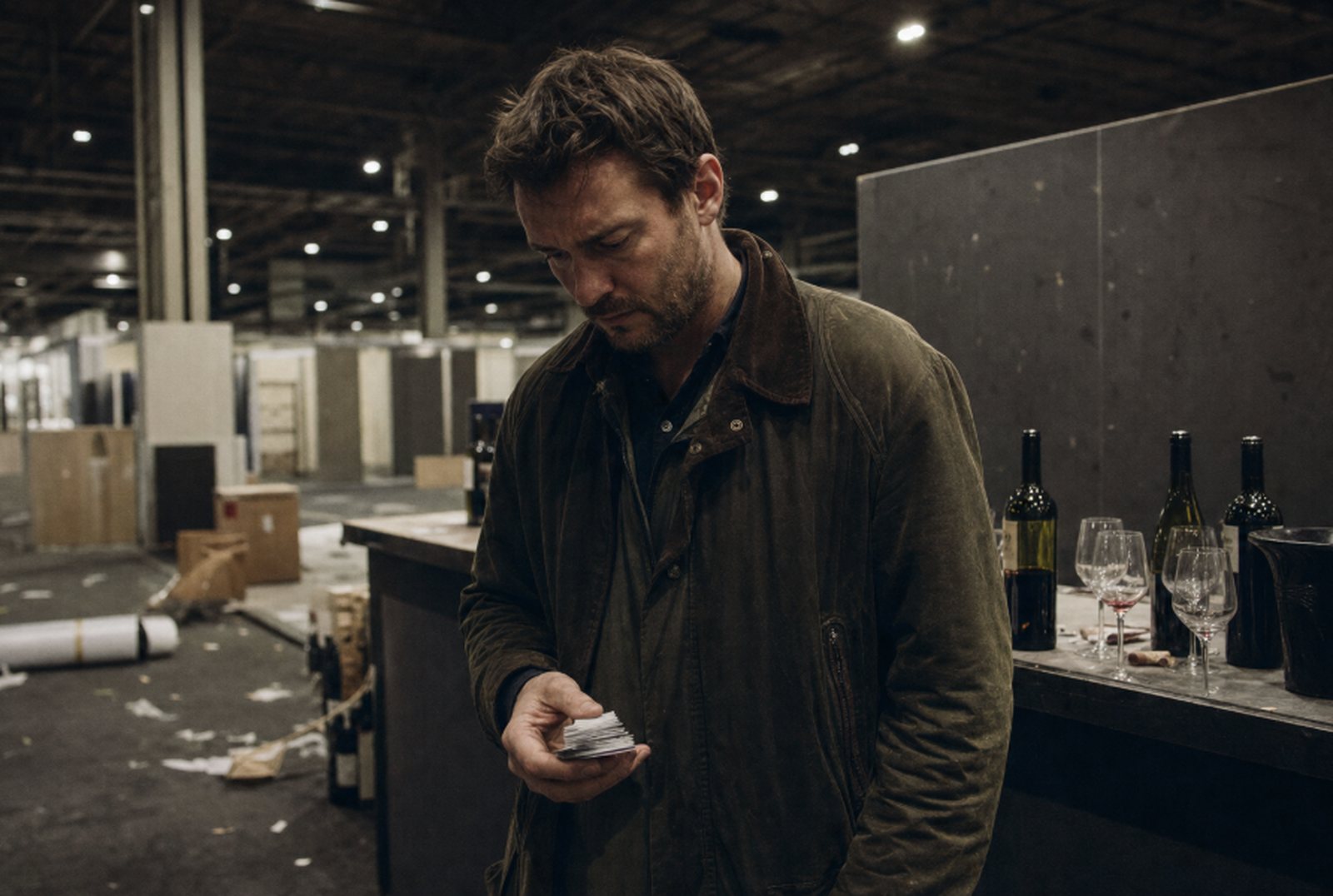 A French winemaker alone at a closing trade-fair booth, holding a stack of business cards