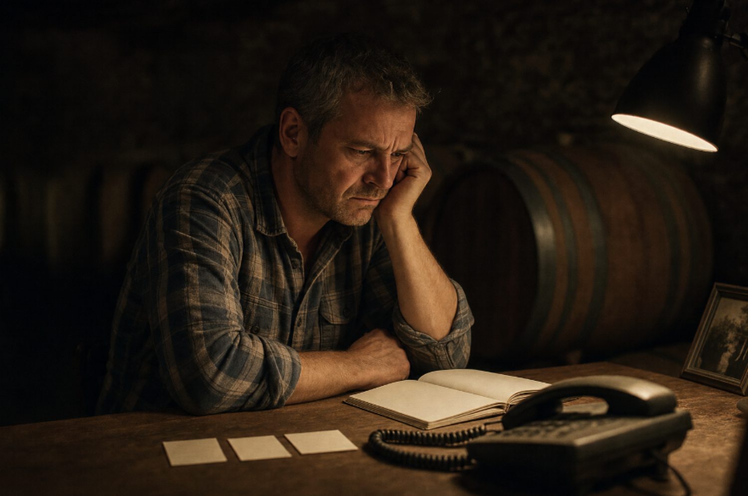 A winemaker reviewing sales paperwork with no orders to show