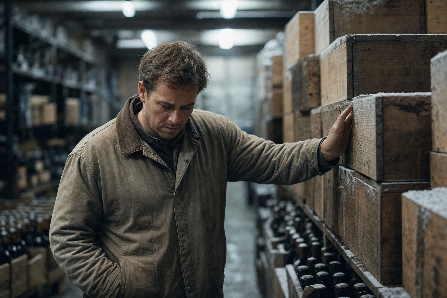 A lone pallet of wine in a cold northern warehouse